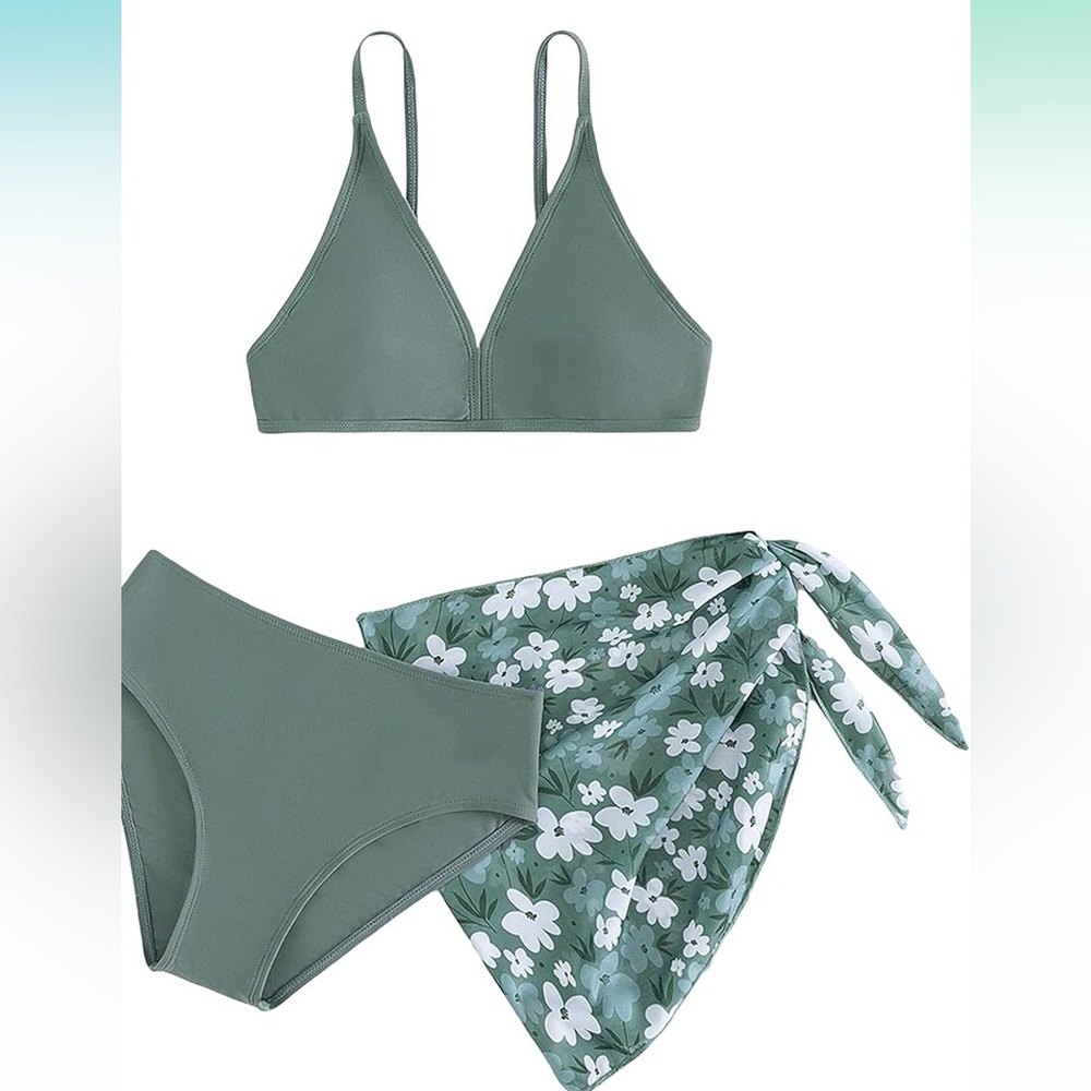 OYOANGLE Girl's 3 Piece Swim Set Floral Print Bikini Set with Cover Up New